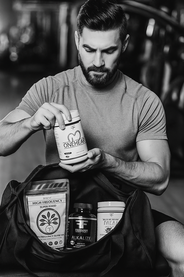 Fit, bearded man packing Freeman Formula heart health supplement stack (One Heart, Alkalize, Synergize, Superfood, Complete Meal) into gym duffle bag at fitness center. Black and white lifestyle photo with red and gold product accents.